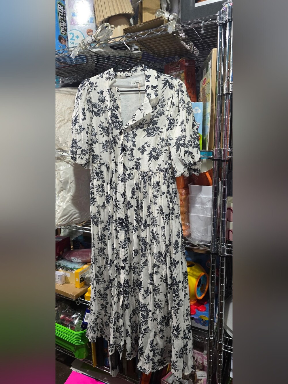 New In Loom Large Floral Button-Front Midi Dress in White and Black
